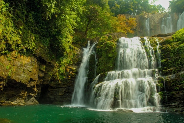 A multi-tiered waterfall cascading into a clear turquoise pool surrounded by lush greenery.