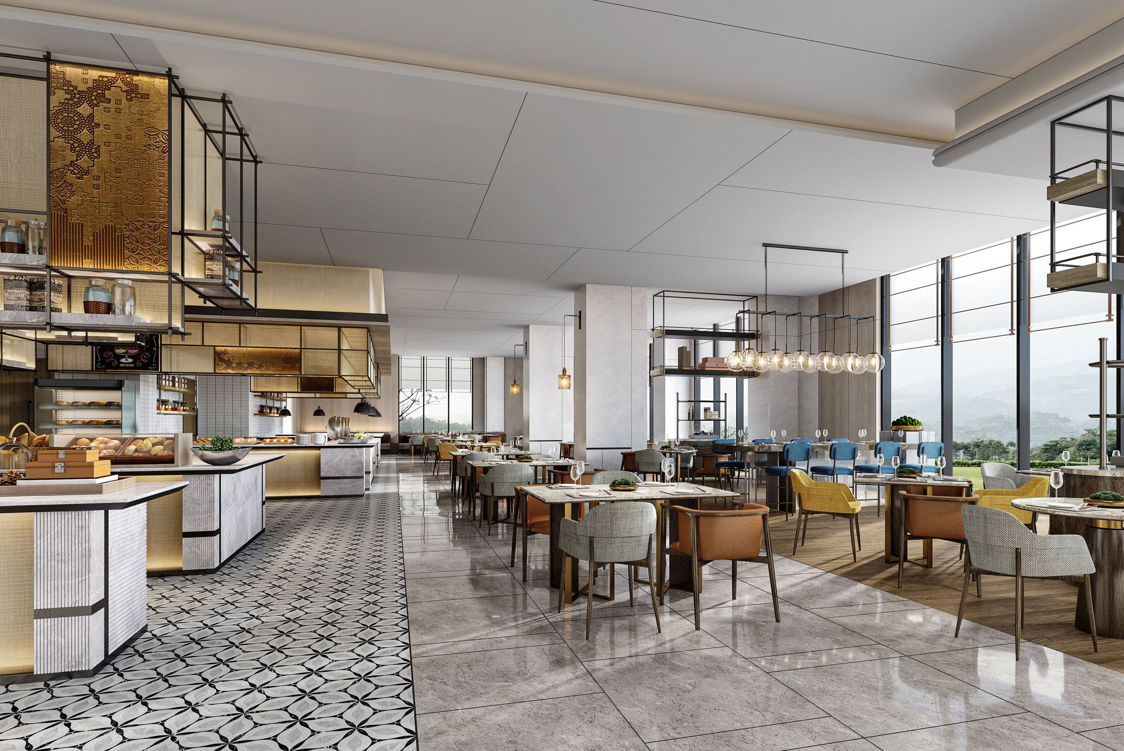 A spacious restaurant with high ceilings, modern furniture, and a view of the outdoors.