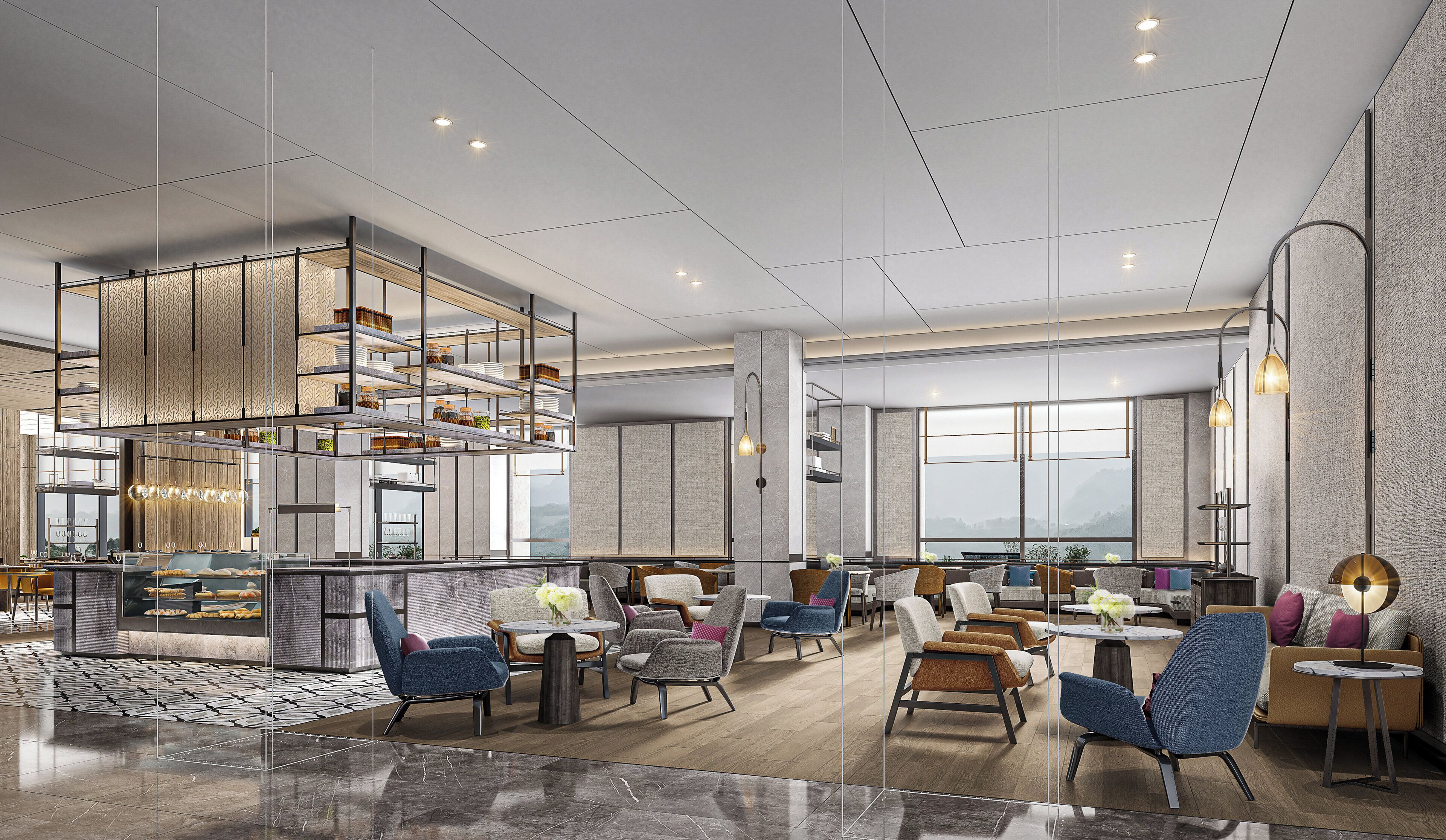 A spacious hotel lobby with a modern design, featuring a central seating area with multiple chairs and tables, a high ceiling with recessed lighting, and a large window offering a view of the outdoors.