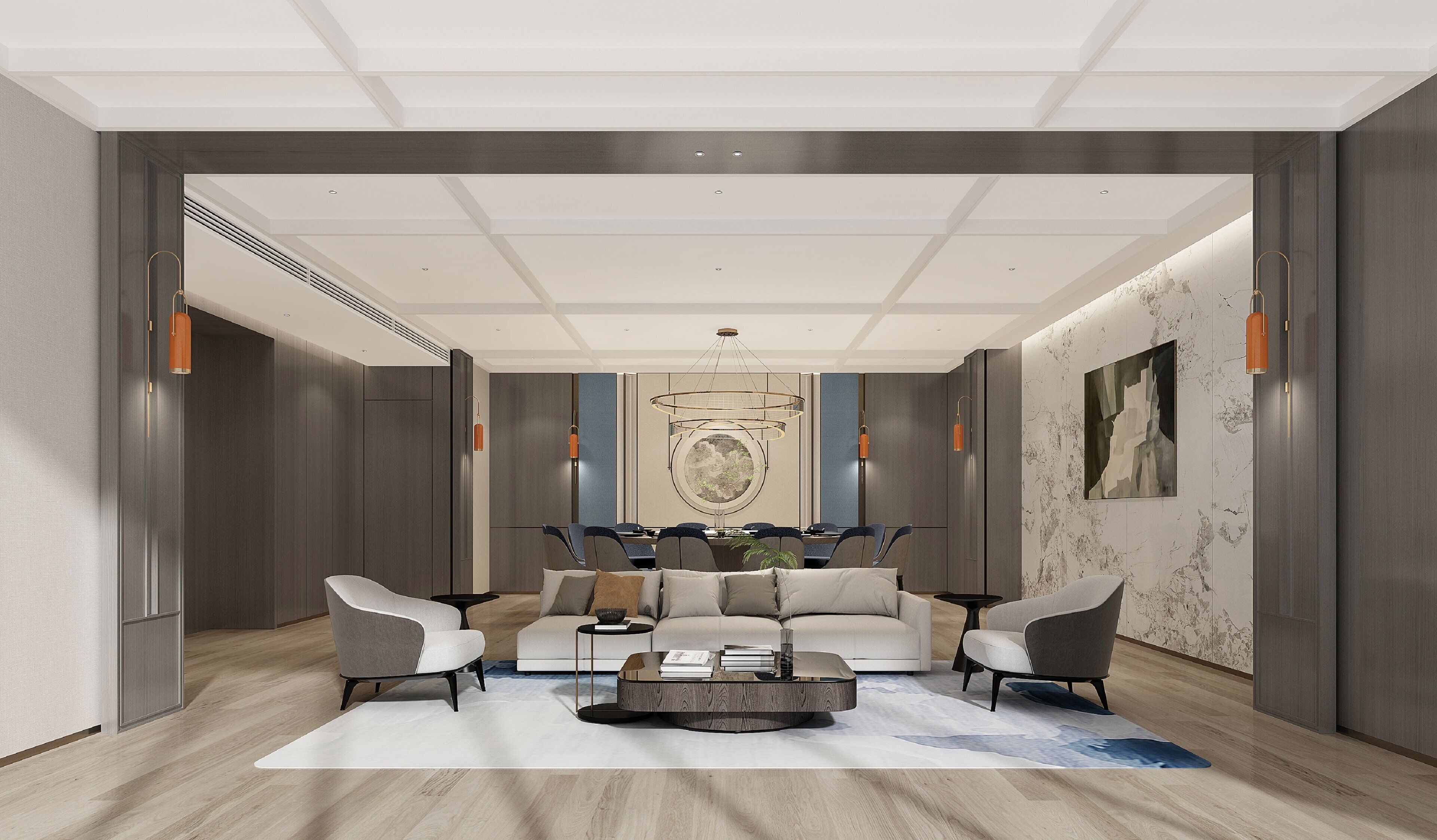 A modern lobby with a sofa set, a coffee table, and a conference table in the background.