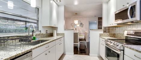 Microwave, dishwasher, cookware/dishes/utensils