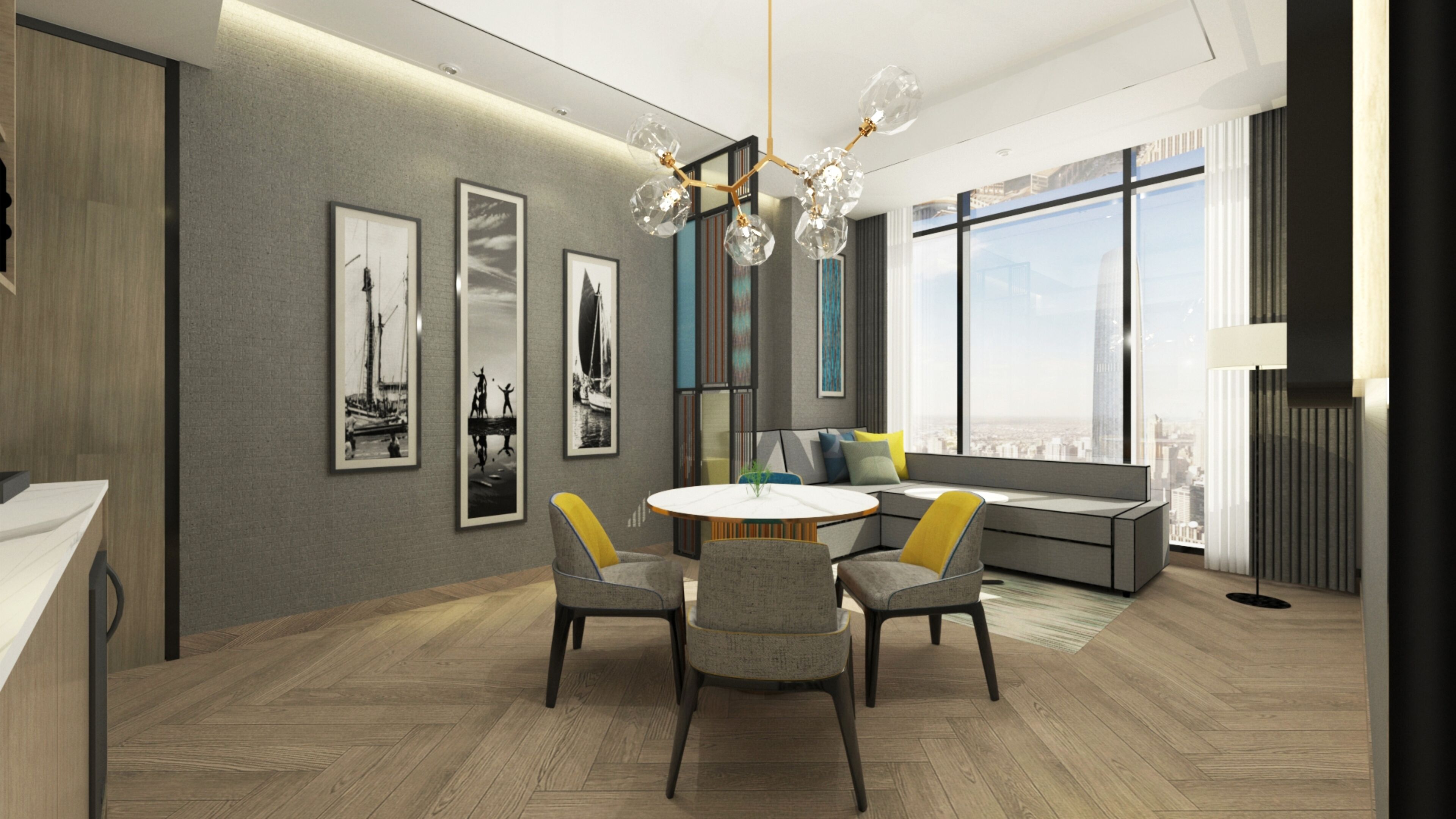 A modern living room with a round dining table, grey sofas, and a large window offering a city view.