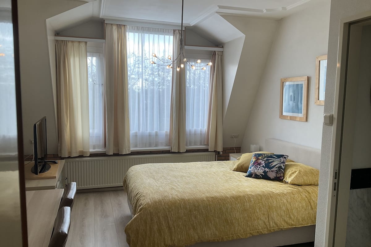 A bedroom with a bed, a window with curtains, a radiator, and a ceiling light fixture.