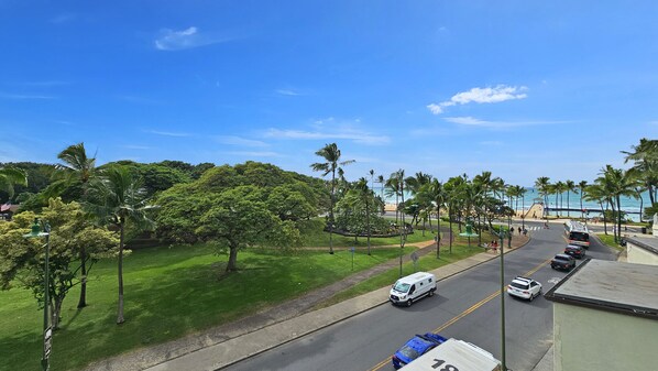 A street with parked cars and a van, palm trees, and a clear blue sky.