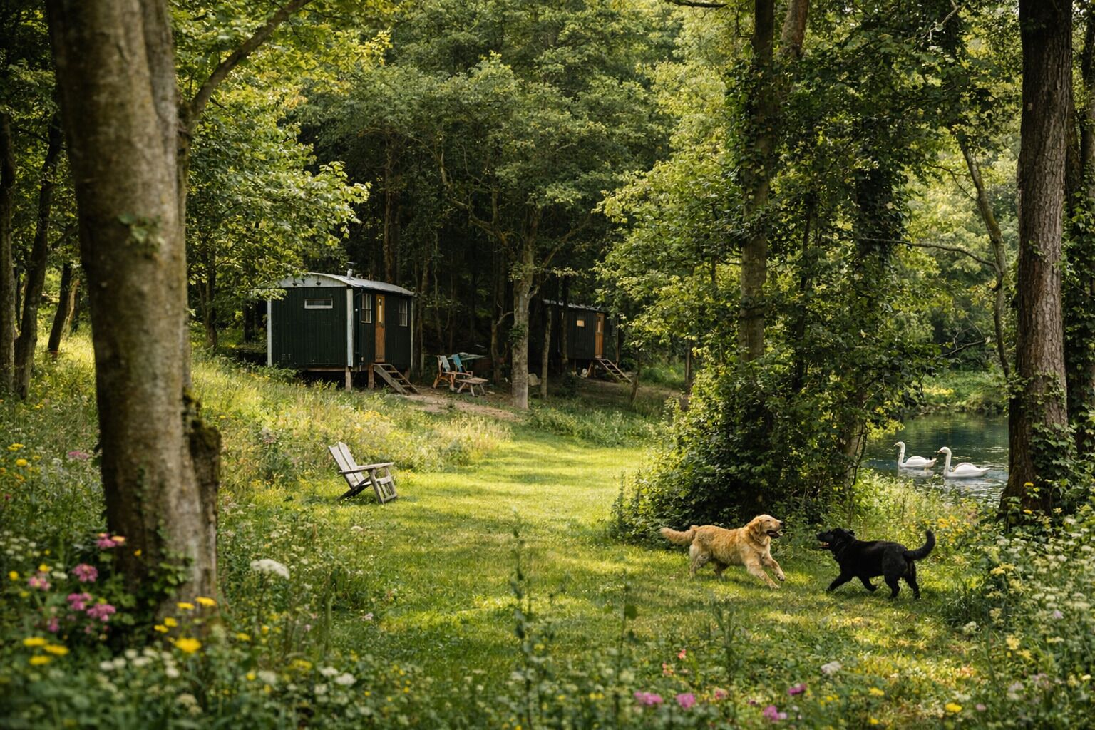 A forested area with a small cabin, a chair, and a dog.