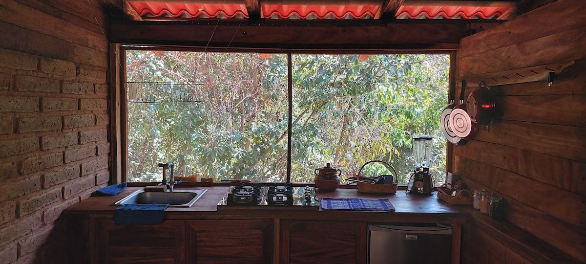 Une cuisine dotée d’une grande fenêtre, de meubles en bois et de divers appareils de cuisine.