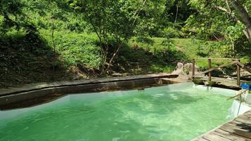 A natural hot spring surrounded by lush greenery.