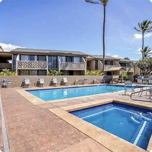 A hotel with a swimming pool, lounge chairs, and a palm tree.