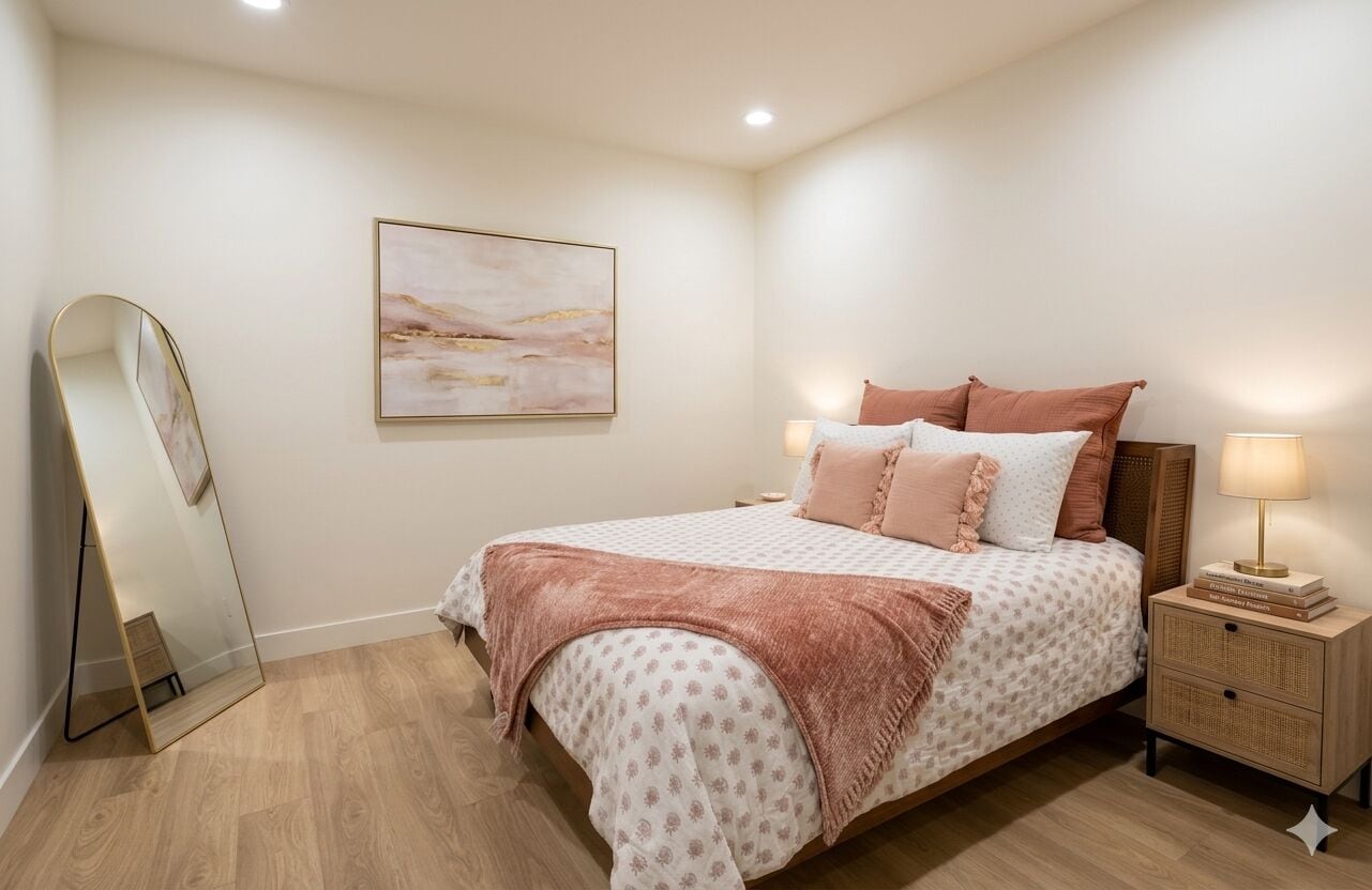 Una camera da letto con un letto, lampade sui comodini, uno specchio, un quadro appeso al muro e un comodino con una lampada.