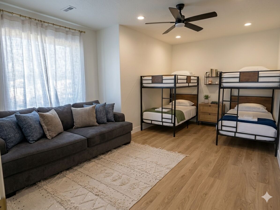 Una habitación con un sofá, dos literas, un ventilador de techo y una ventana con cortinas.