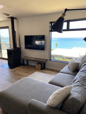 Smart TV, lareira, livros