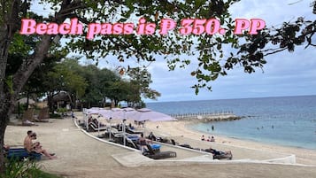 Private beach, white sand, beach shuttle