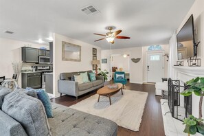 Smart TV, fireplace, books