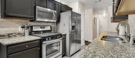 Fridge, microwave, oven, stovetop