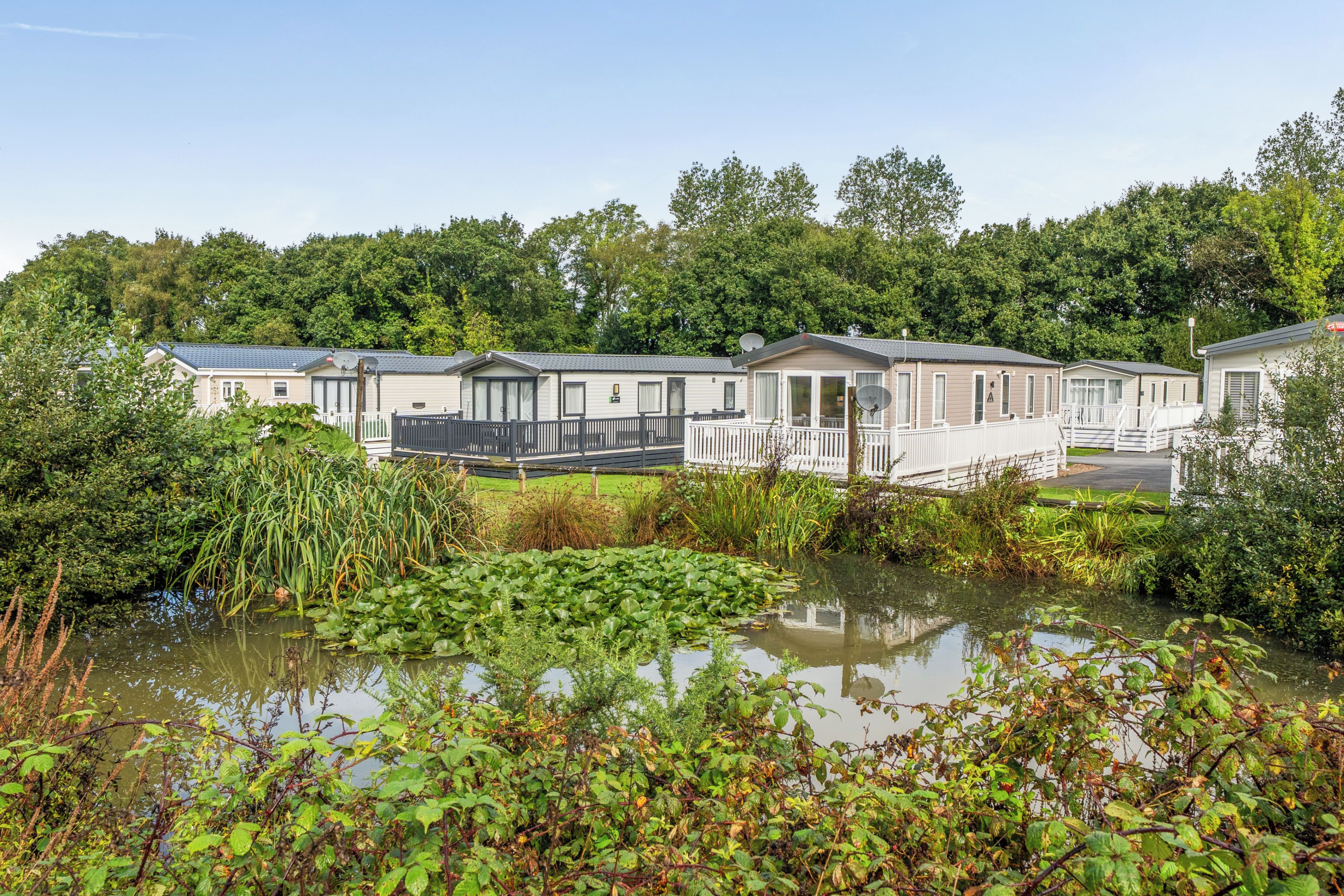 A row of mobile homes with a pond in the foreground.
