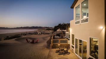 On the beach, sun loungers, beach towels
