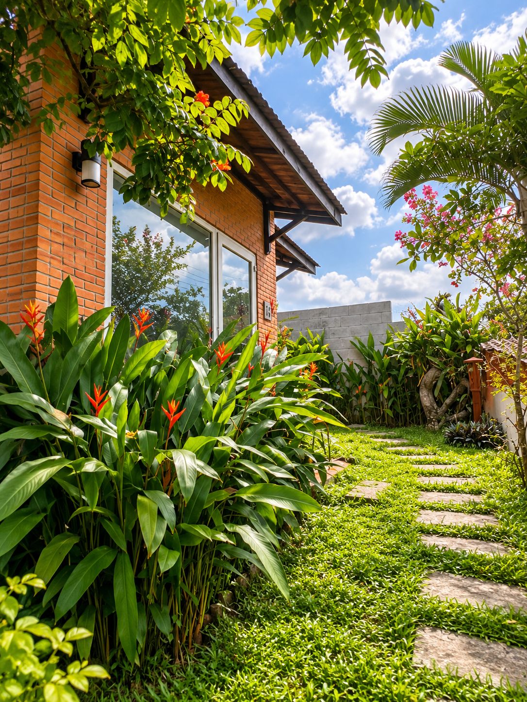 A brick house with a garden pathway leading to a door.