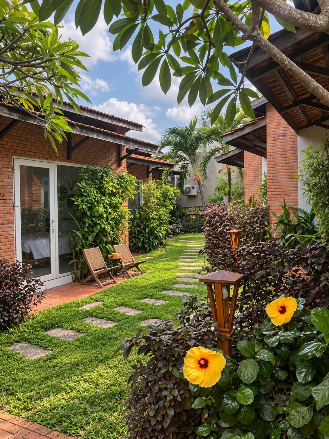 A brick house with a glass door entrance, a paved patio with a chair and table, and a garden with a pathway and flowering plants.