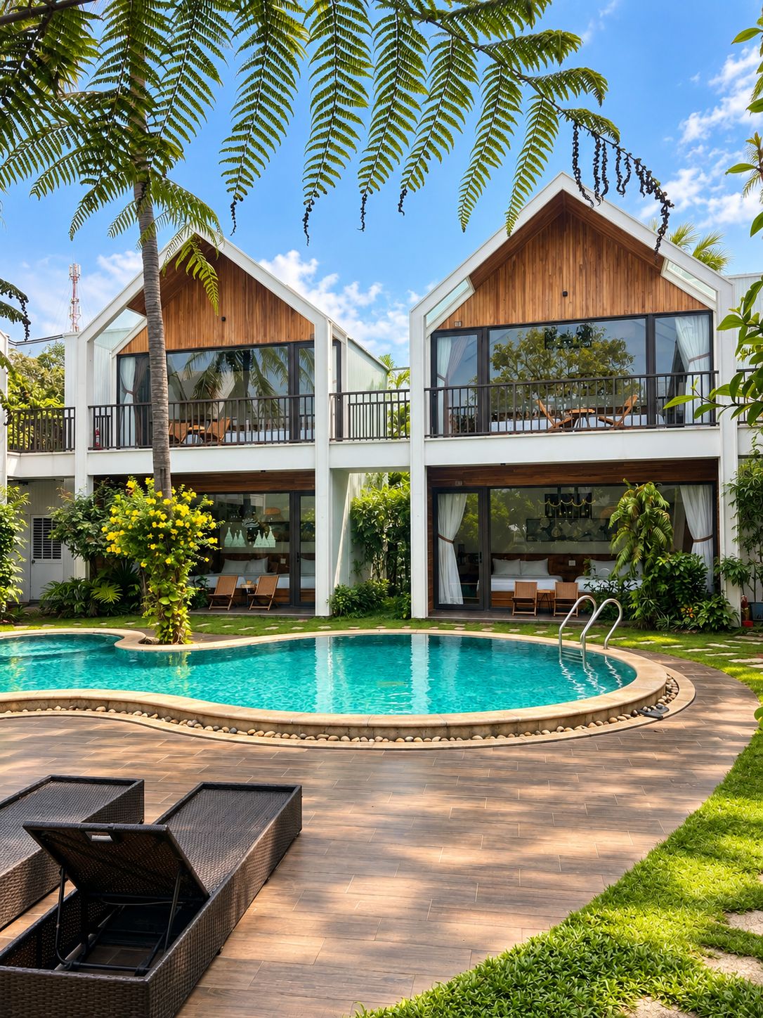 A modern two-story building with a swimming pool, outdoor seating, and lush greenery.