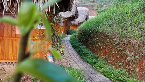 A rustic wooden building with a thatched roof, a brick pathway, and lush greenery. - MONG NGUA BUNGALOW & HOMESTAY (Thong Nguyen)
