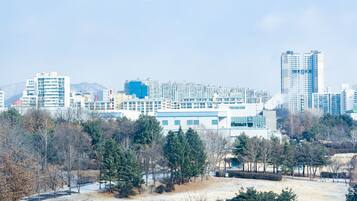 A cityscape with modern buildings, a park area with trees, and a clear sky.