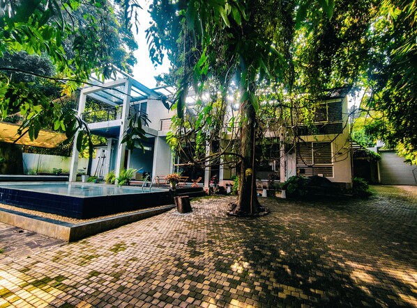 A courtyard with a swimming pool, potted plants, and a tree. - The Yacht Near CMB-Bandaranaike Intl. (Seeduwa - Katunayake)