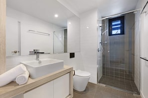 Shower, hair dryer, towels, shampoo