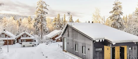 Una zona residencial cubierta de nieve con casas, un camino de entrada y un vehículo.