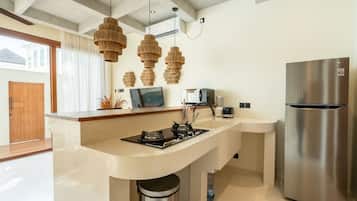Villa | Private kitchen | Fridge, microwave, stovetop, electric kettle