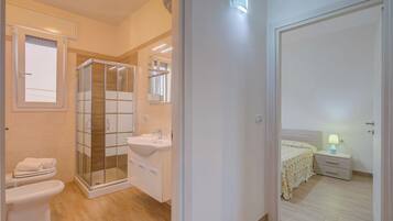 Shower, hair dryer, bidet, towels