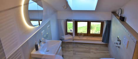 Shower, hair dryer, towels