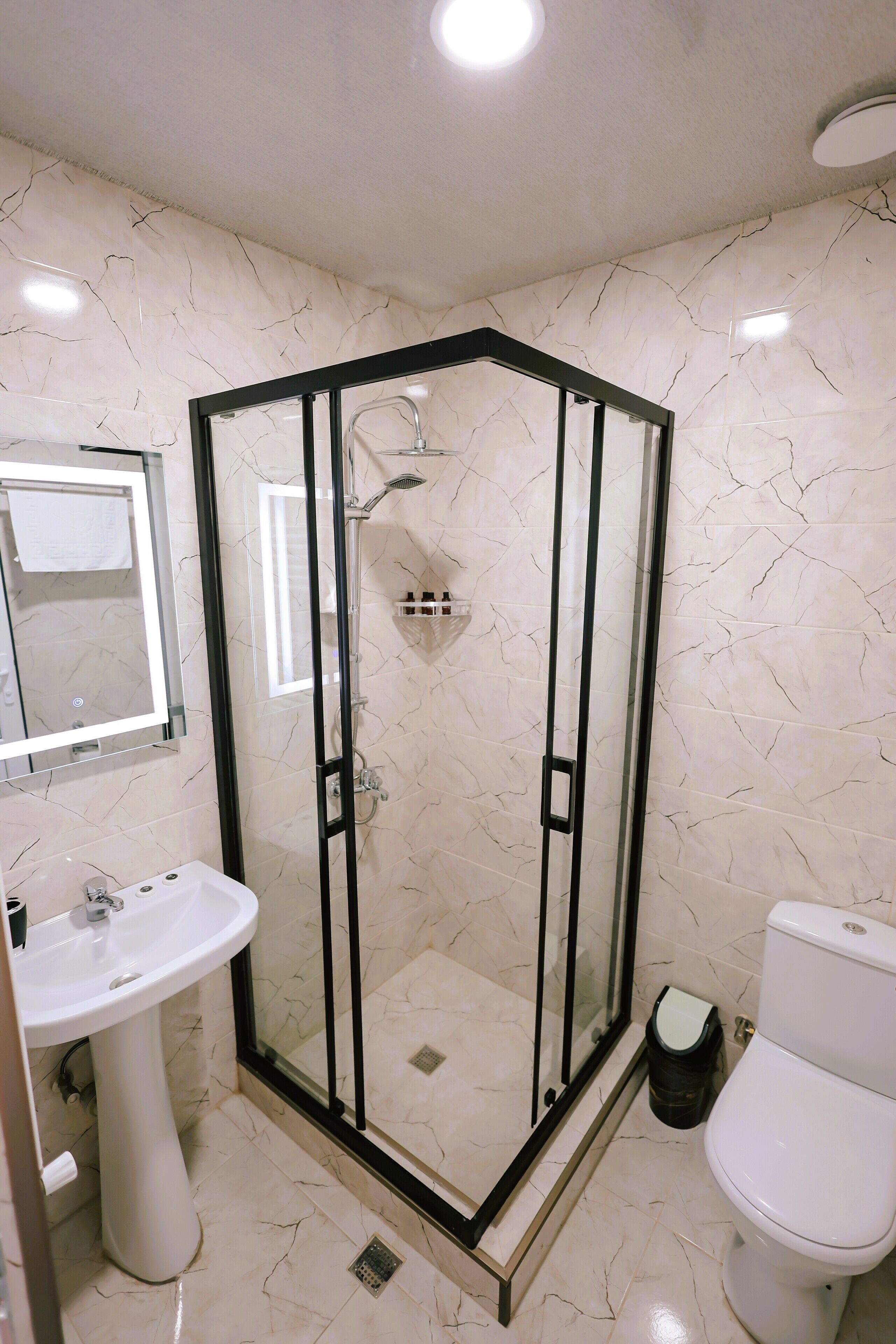 A bathroom with a glass-enclosed shower, a pedestal sink, and a toilet.
