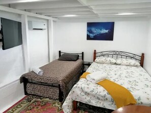 Un dormitorio con dos camas, un televisor de pantalla plana, un equipo de aire acondicionado y un cuadro en la pared.