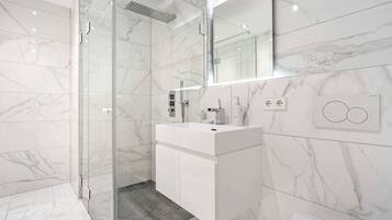 Shower, hair dryer, towels