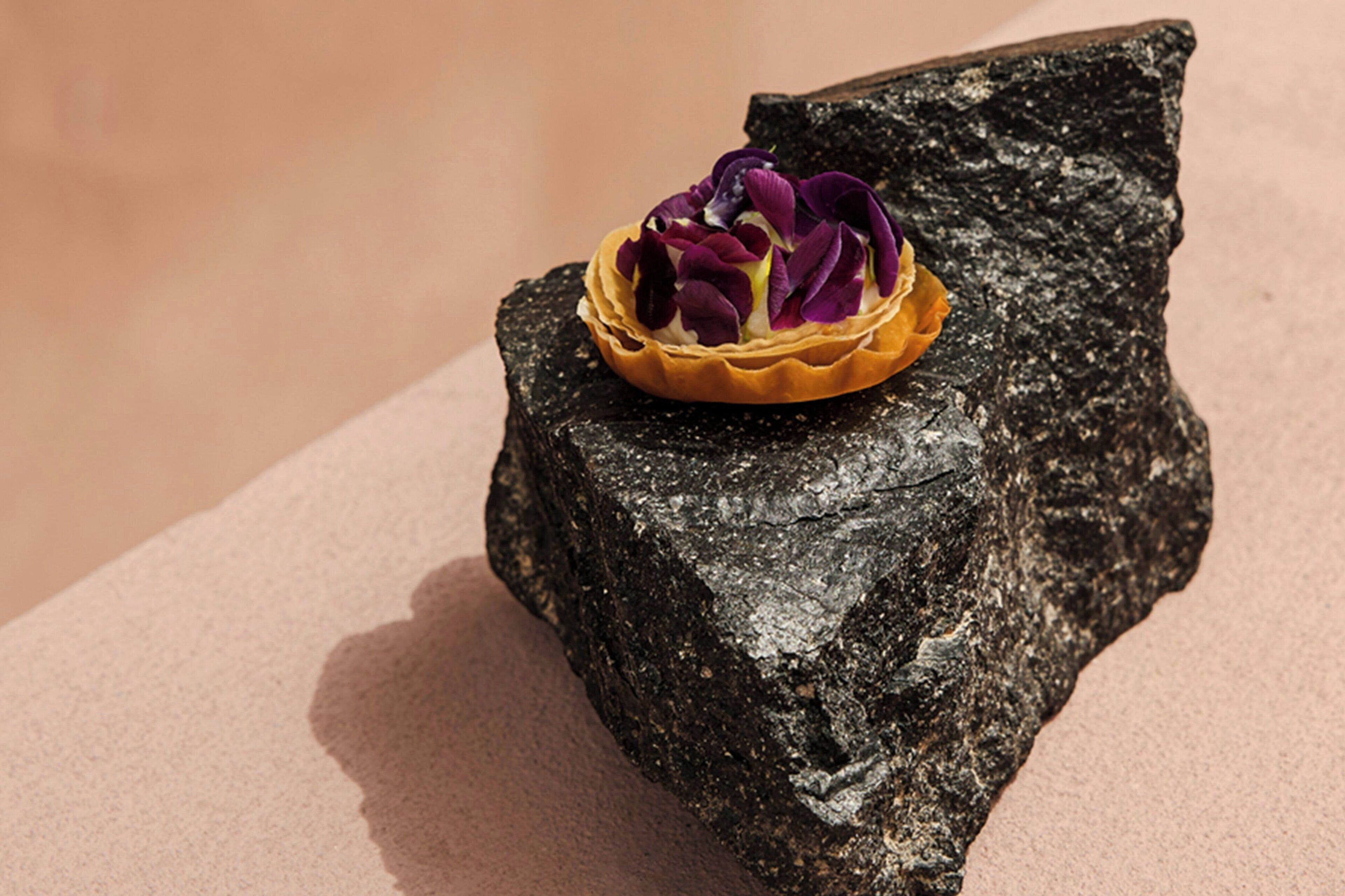 A dessert on a rock.