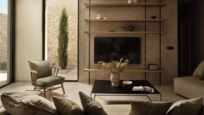 A modern living room with a fireplace, a sofa, a coffee table, and a chair. - Mayamor Villas (Zakynthos)