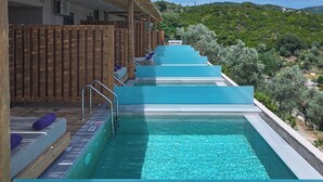 Ein Schwimmbecken mit Holzterrasse und Stufen zum Wasser, umgeben von einem Holzzaun und mit Blick auf einen Hügel.