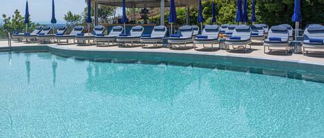 Seasonal outdoor pool, open 9:00 AM to 6:00 PM, pool umbrellas