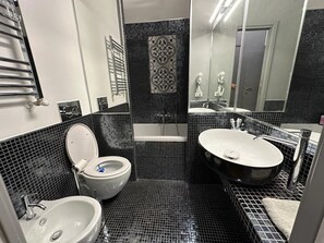 Shower, hair dryer, bidet, towels