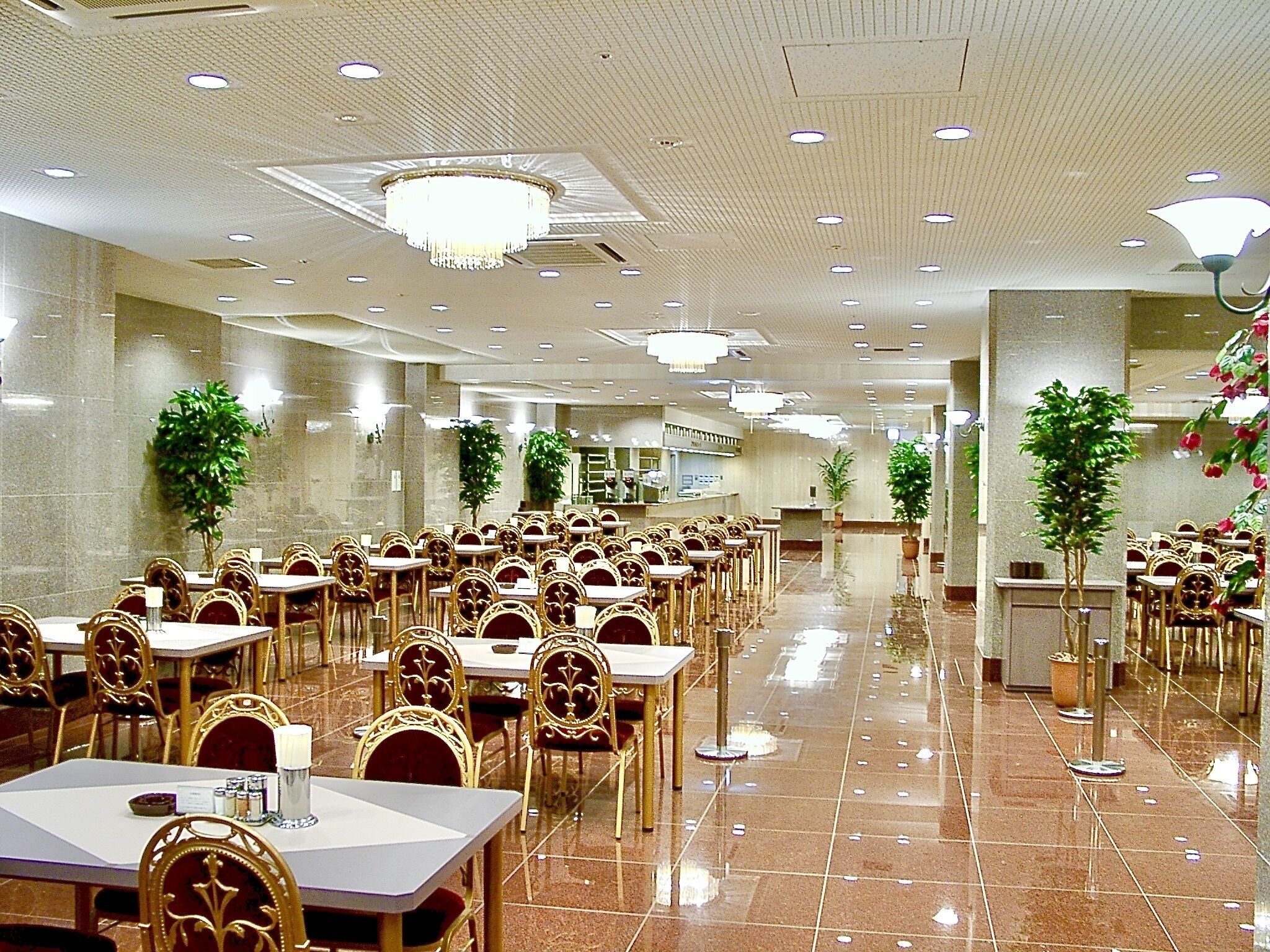 A spacious hotel dining area with multiple tables and chairs, ceiling lights, and potted plants.