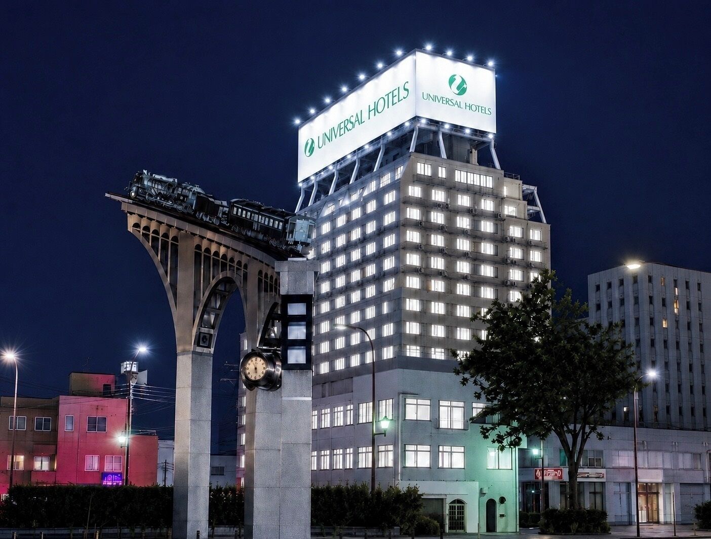 A hotel with a prominent sign for Universal Hotels, featuring a clock and a large illuminated sign.