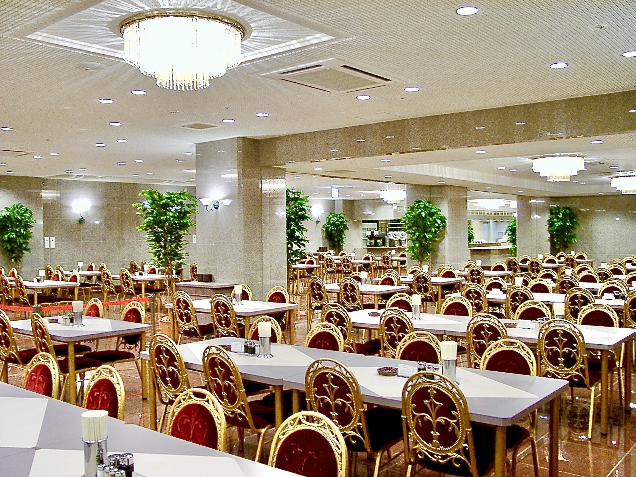 Une grande salle de banquet avec de nombreuses tables et chaises, un lustre et des plantes en pot.