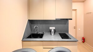 Großer Kühlschrank, Mikrowelle, Herdplatte, Grillplatte