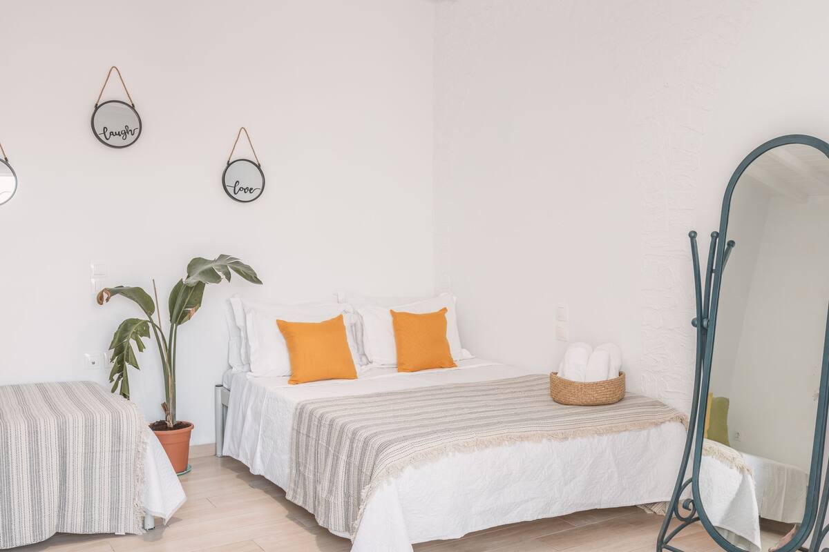 Une chambre avec deux lits, un grand miroir et deux éléments de décoration murale.