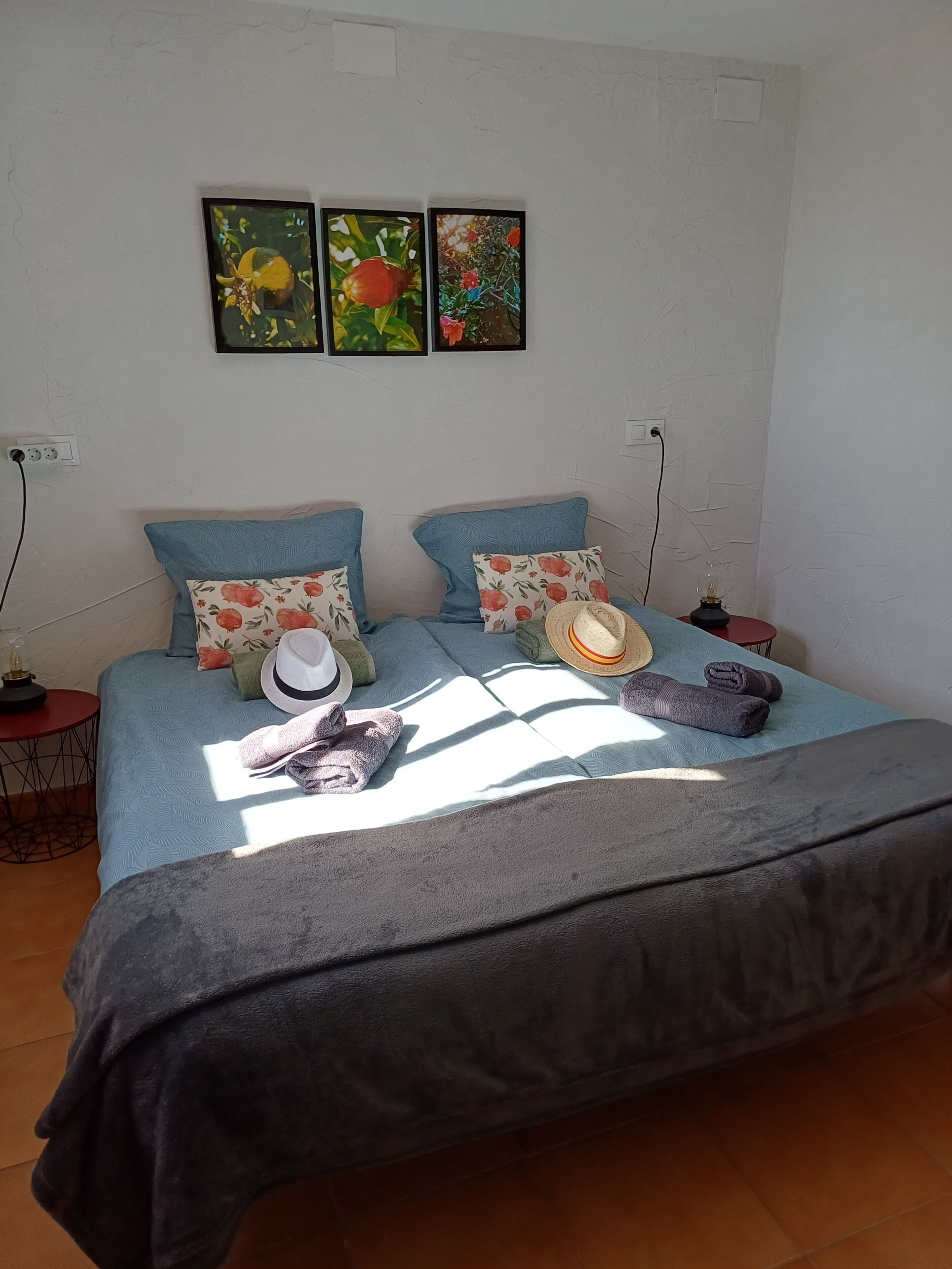 A neatly made bed with a blue bedspread, two pillows, a hat, and a rolled towel. There are two wall-mounted paintings above the bed.