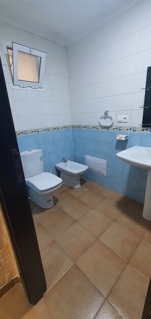 A bathroom with two toilets, a bidet, a sink, and a mirror. - KABILA VISTA C1 (Allyene)