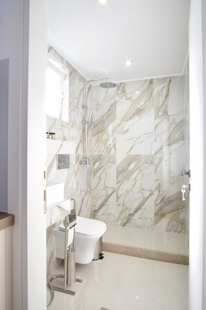 Hair dryer, towels, soap, toilet paper