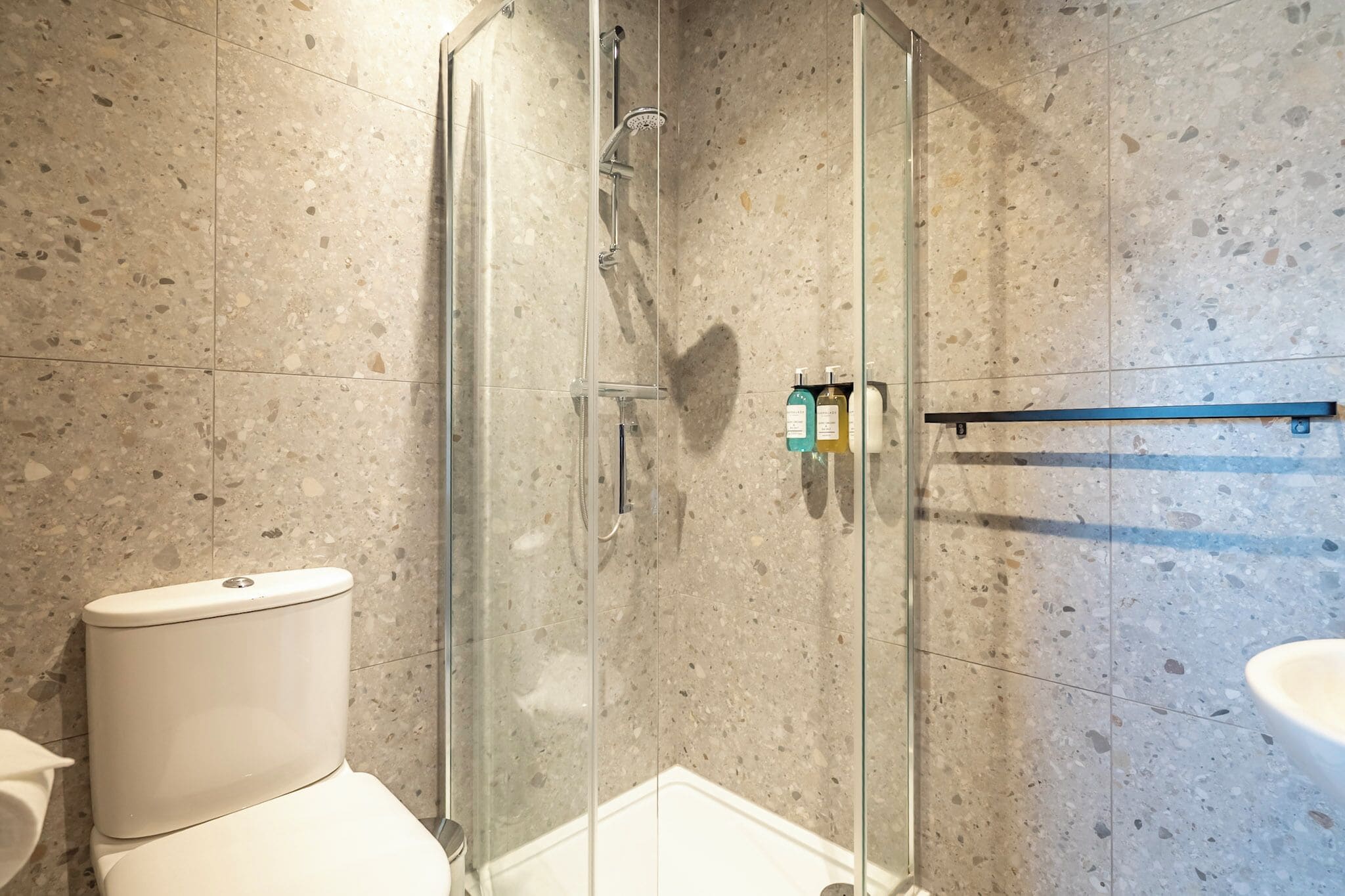 A modern bathroom with a glass-enclosed shower, a toilet, and a sink.