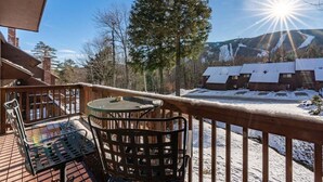 A wooden deck with a table and chairs, a snow-covered landscape, and a mountain in the background.
