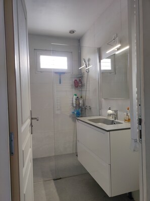 Hair dryer, towels, soap, toilet paper
